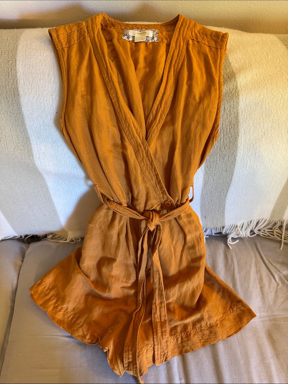 Maeve Anthropologie Sleeveless Wrap Romper in Rust Orange